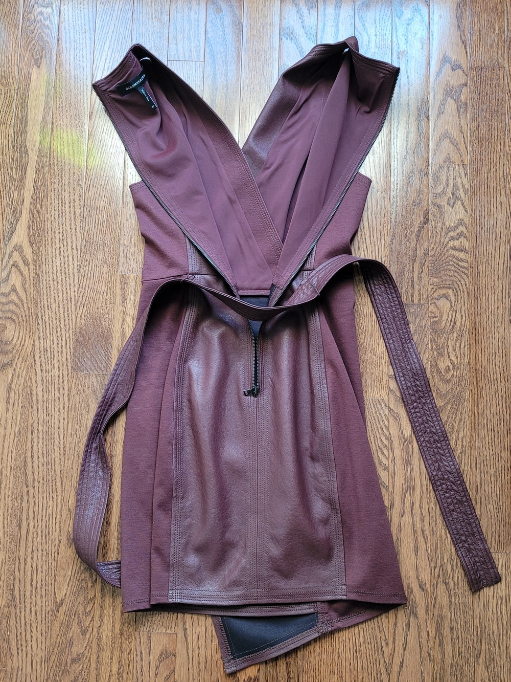 BCBGMaxAzria Burgundy Asymmetrical Faux Leather Belted Dress - Picture 2 of 9